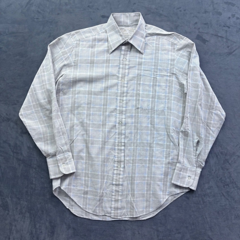 Vintage Sears Golden Comfort Plaid Dress Shirt Tan Blue White Perma Prest L/S